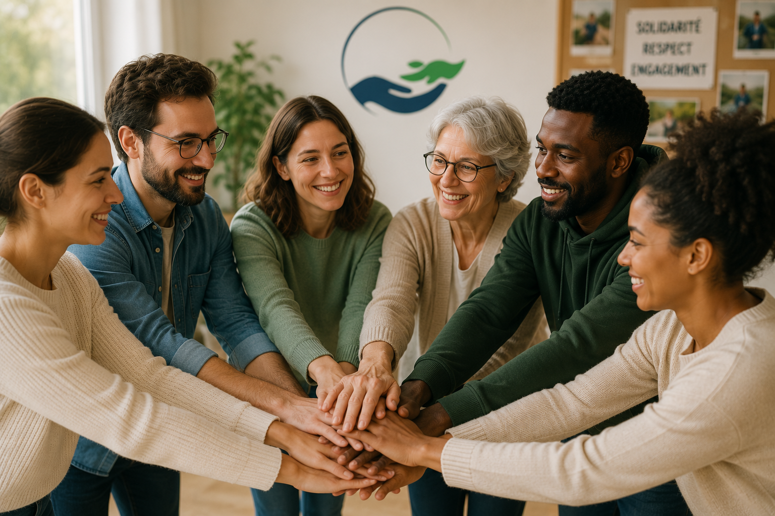 Équipe réunissant ses mains en signe d’engagement et de solidarité.