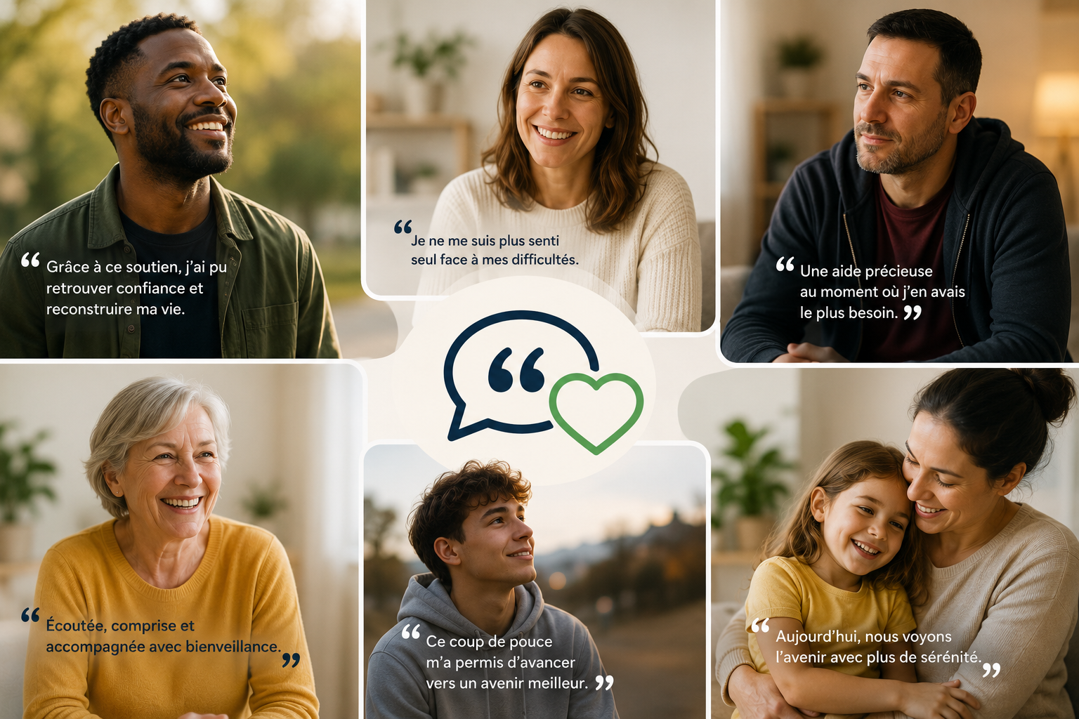 Personnes échangeant avec confiance autour d’un accompagnement solidaire.