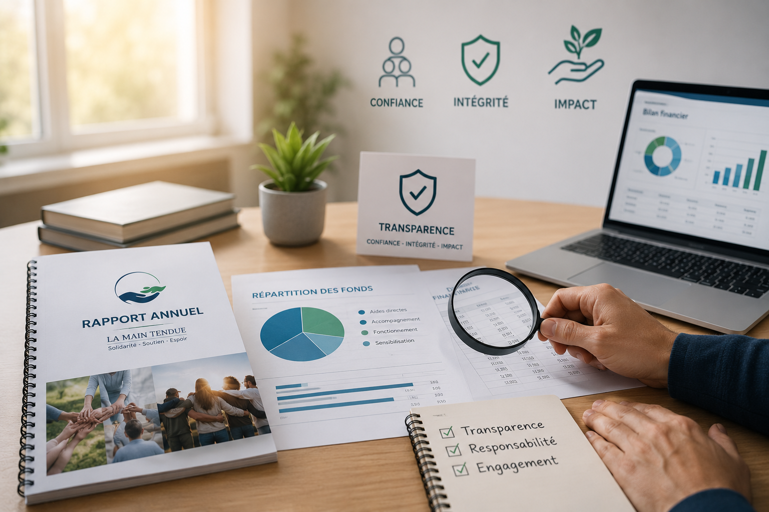 Documents financiers et rapport annuel illustrant la transparence associative.